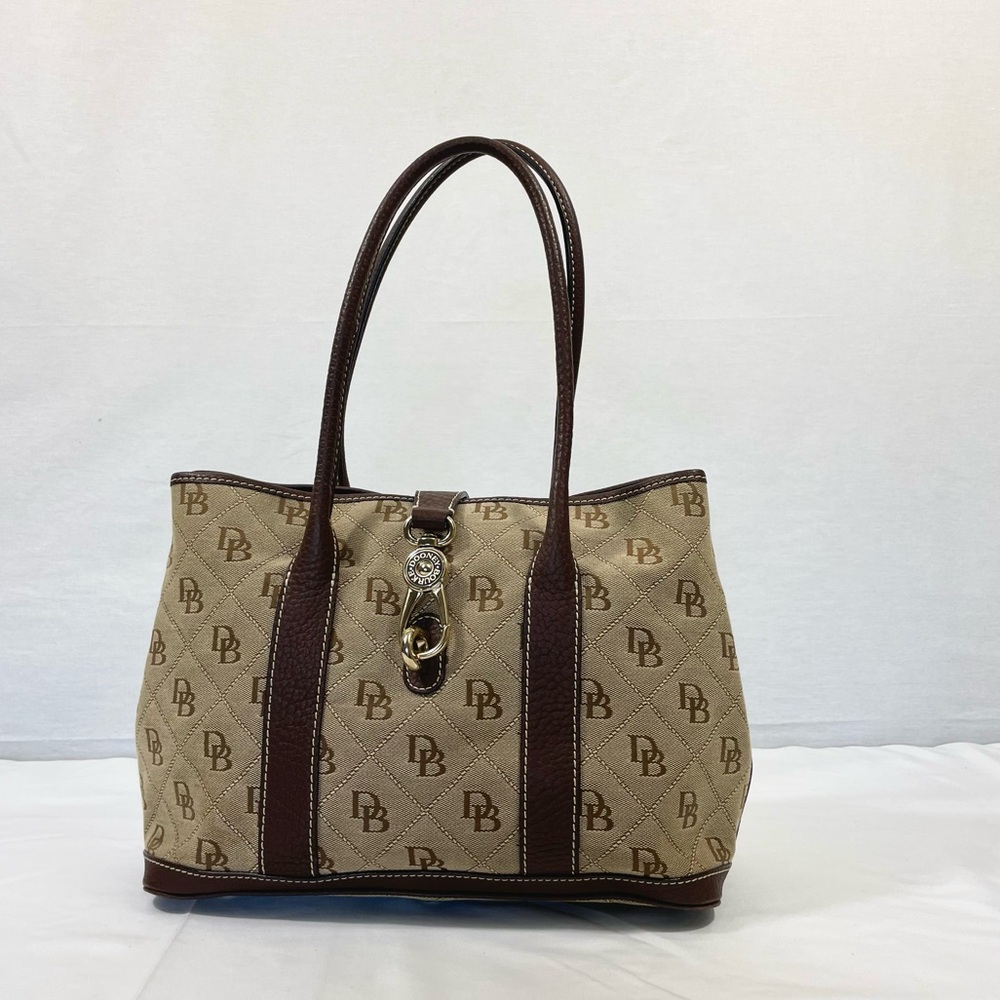 Dooney Lock It Tote Khaki Brown Leather Trim Gold Metal DB Monogram Vintage EUC